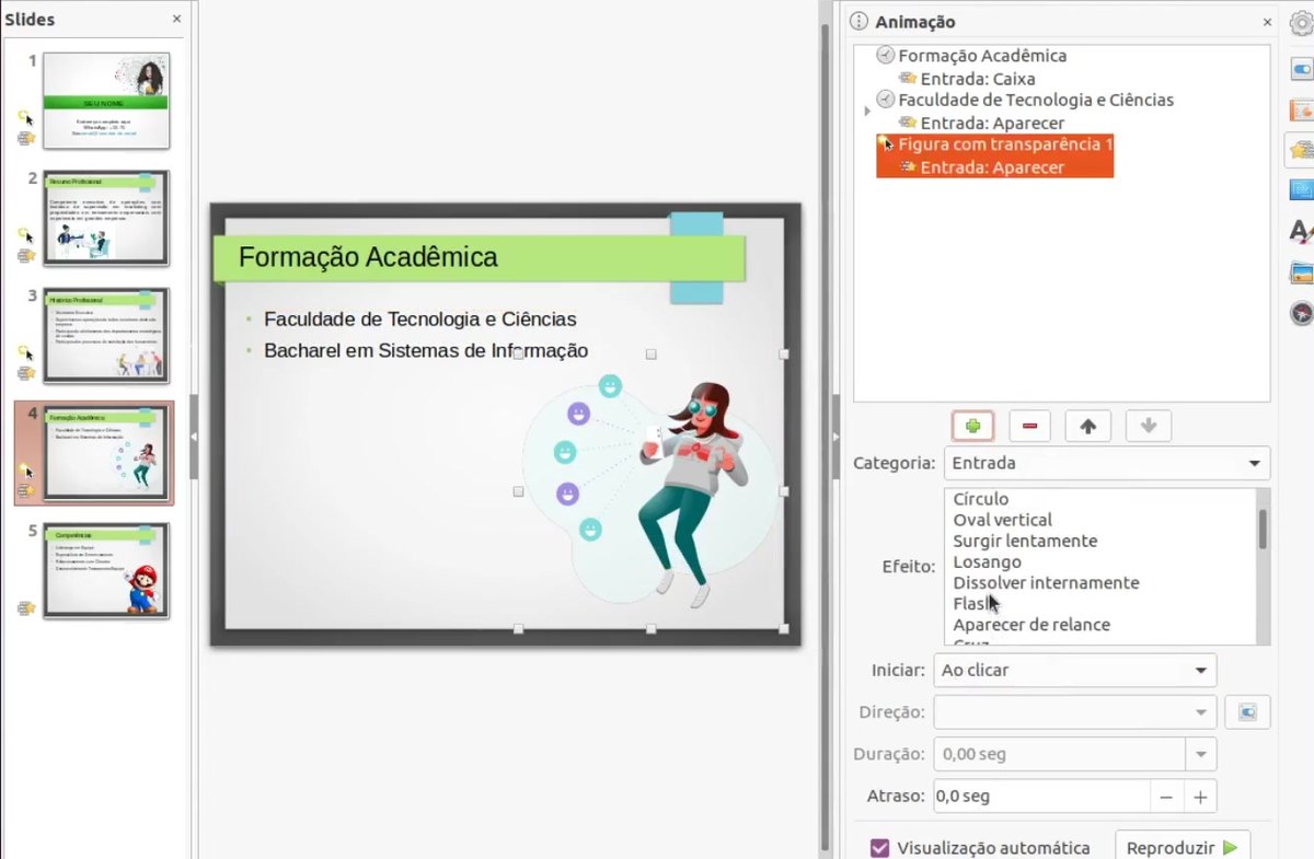 LibreOffice Impress: Editor de slides com o painel de animação