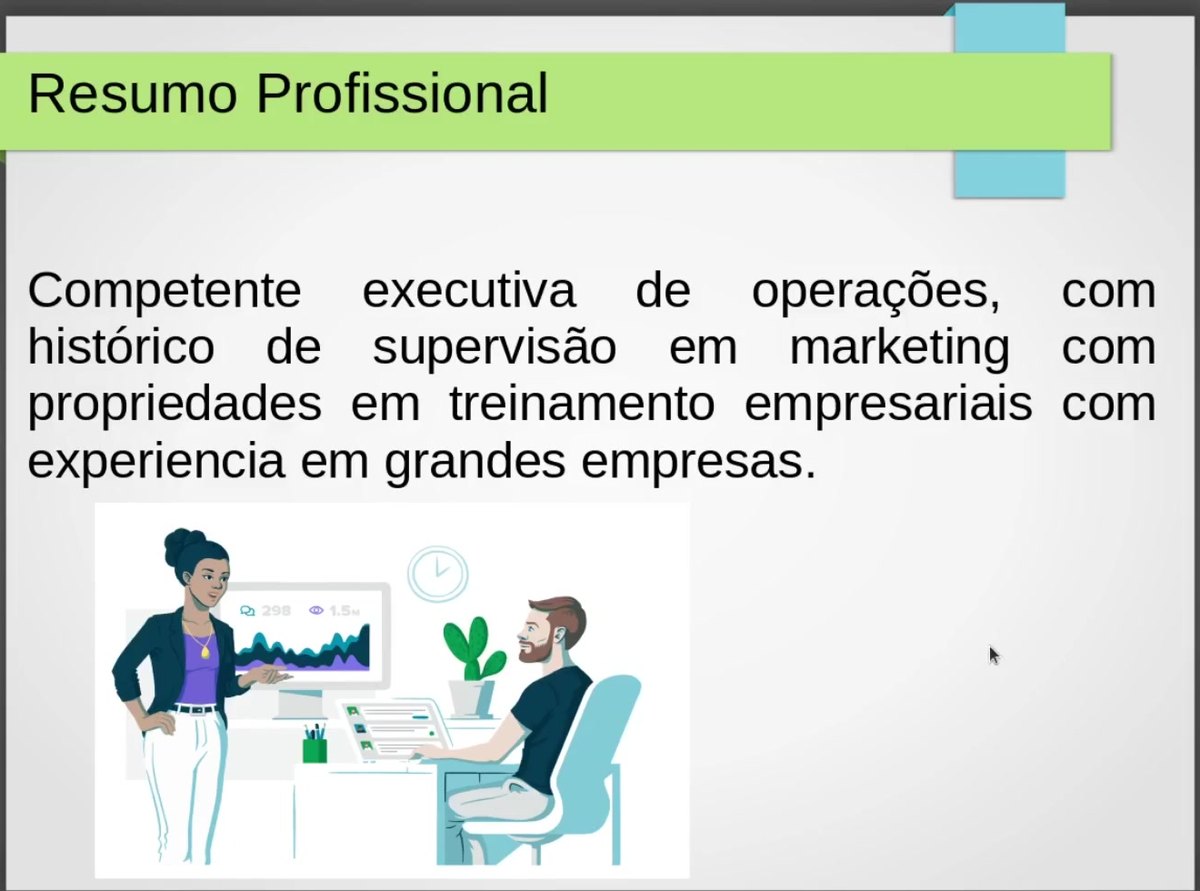 LibreOffice Impress: Slide do currículo apresentado em tela cheia