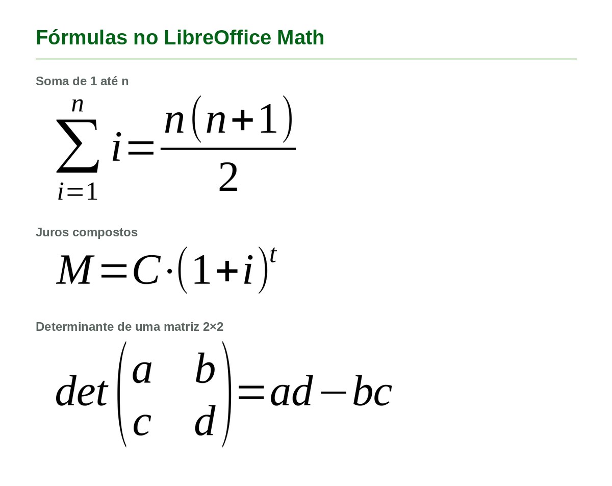 LibreOffice Math: Soma, juros compostos e determinante de matriz