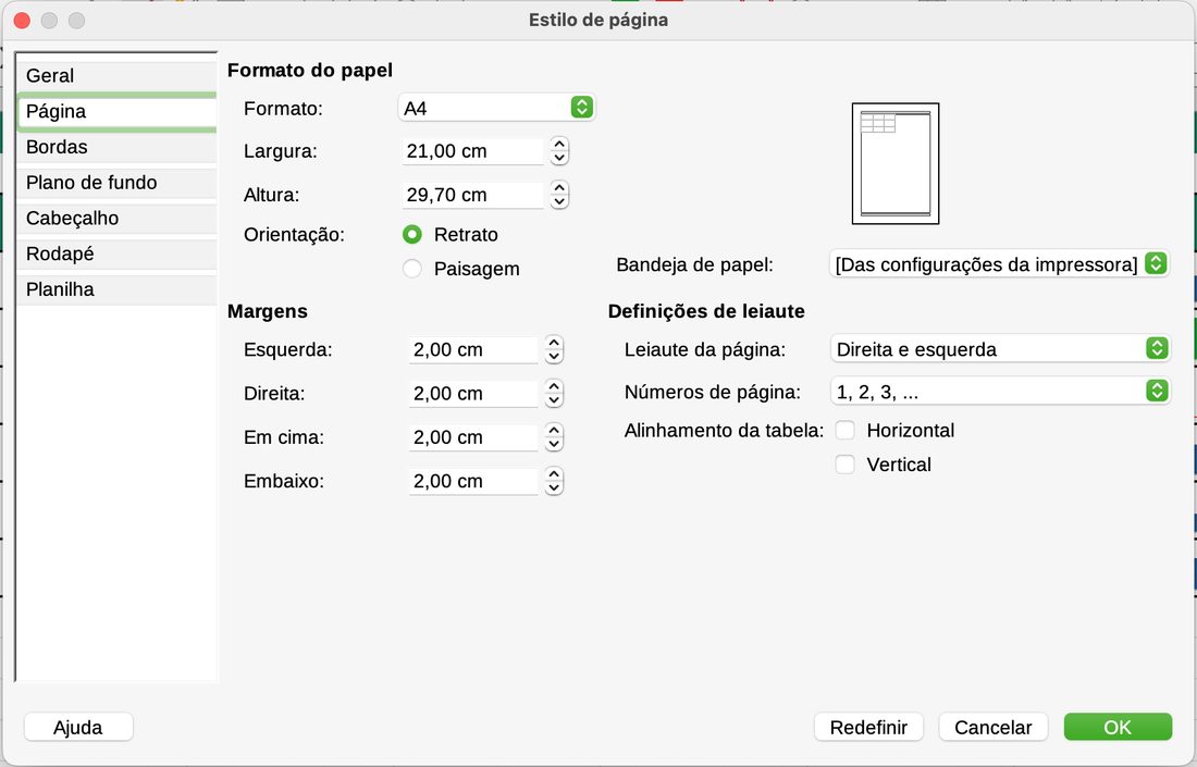 Formatar › Estilo de página no LibreOffice Calc