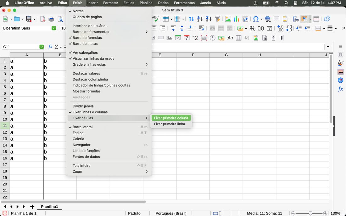 Exibir › Fixar células no LibreOffice Calc