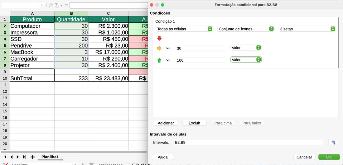 Formatar › Condicional › Conjunto de ícones no LibreOffice Calc