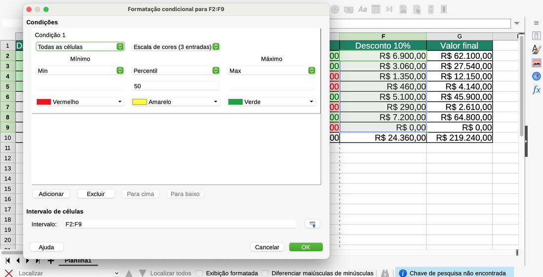 Formatar › Condicional › Escala de cores no LibreOffice Calc