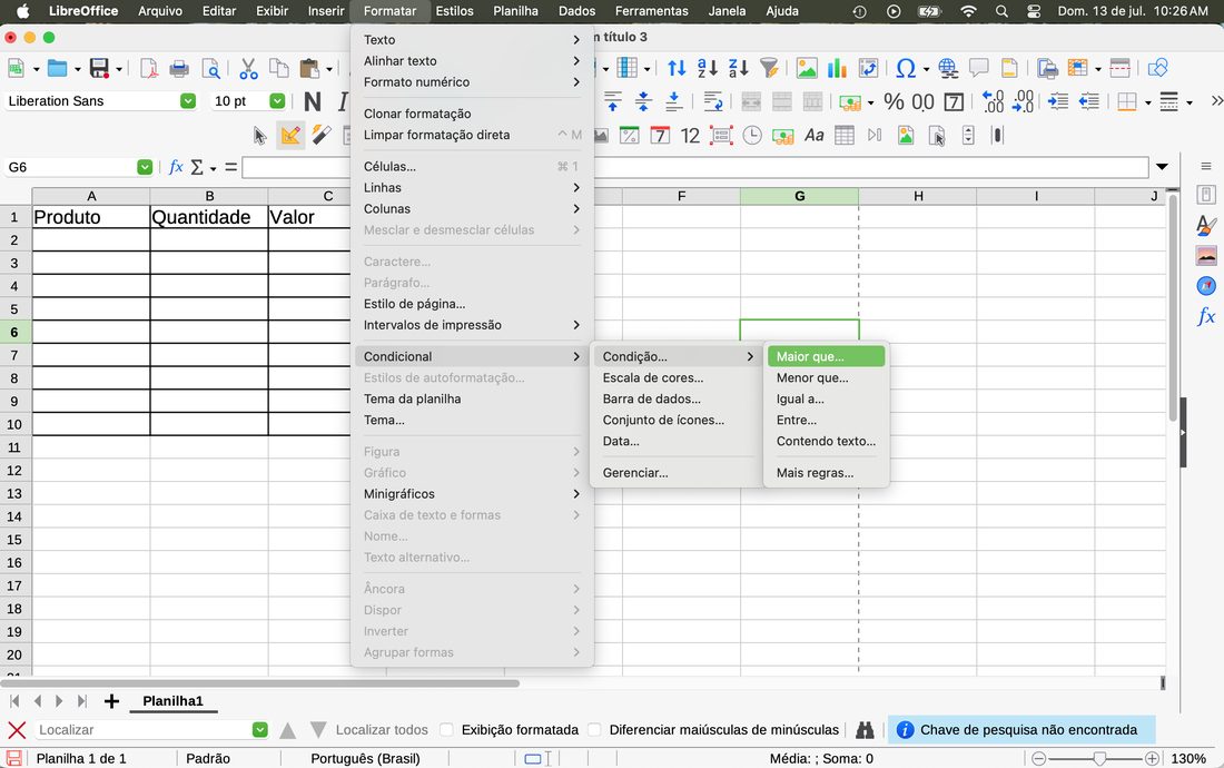 Abra a formatação condicional no LibreOffice Calc