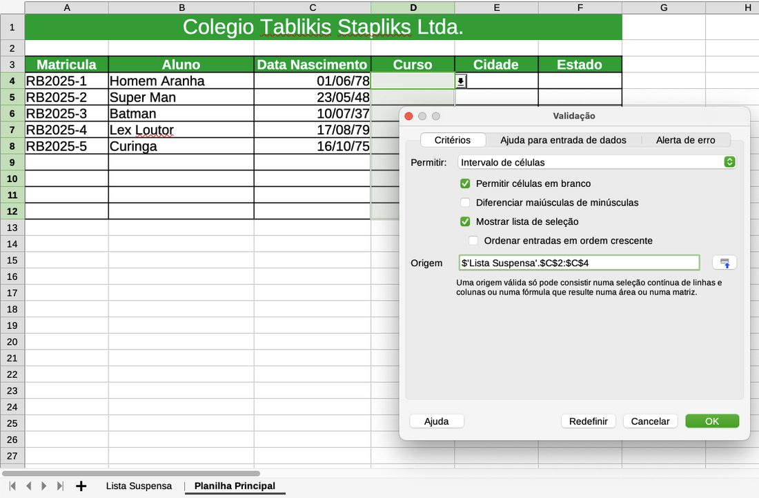 Dados › Validação no LibreOffice Calc