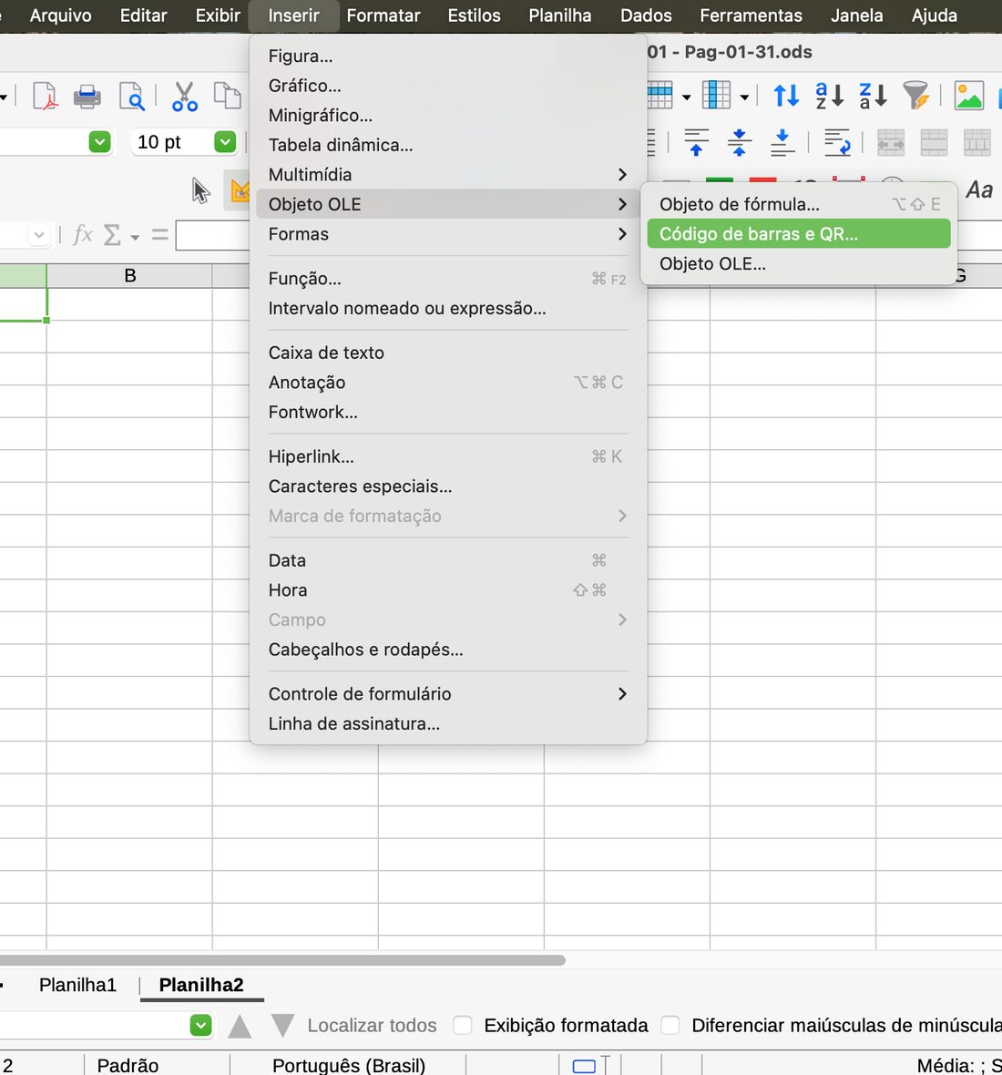 Inserir › Objeto OLE › QR e código de barras no LibreOffice Calc