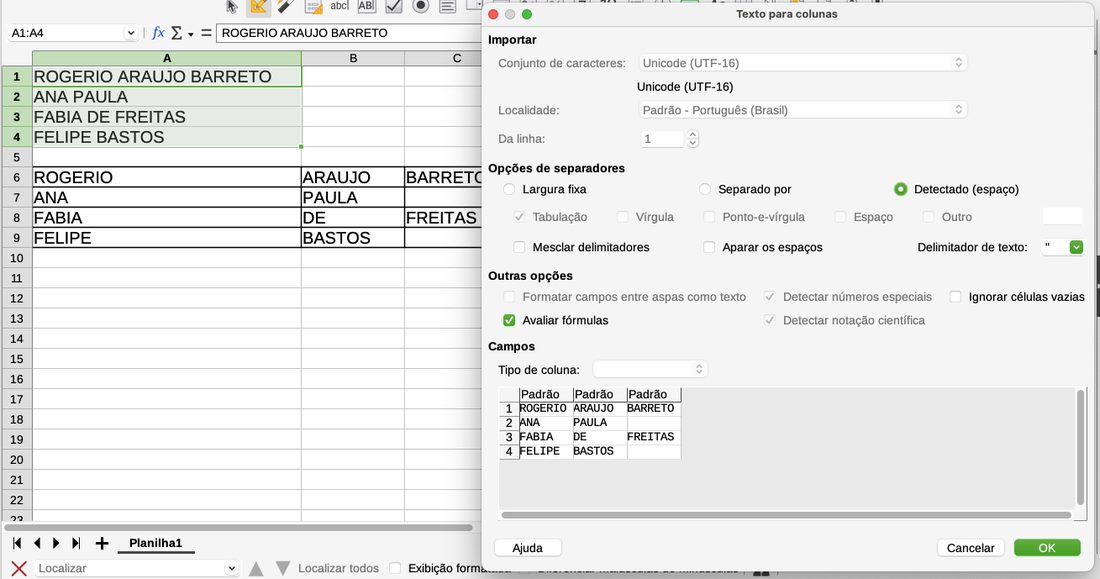 Abra Texto para colunas no LibreOffice Calc