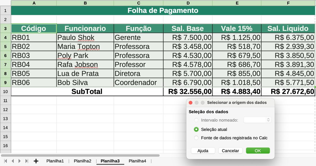 Arraste os campos no LibreOffice Calc